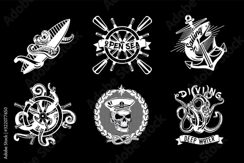Water sport vintage icon set. Retro style vector emblem pack. Ship and boats equipment. Black and white nautical labels.