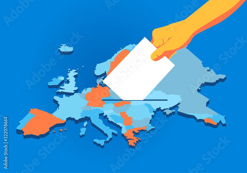 Elezioni Unione Europea, scheda elettorale nella mano, mappa dell'Europa - illustrazione vettoriale