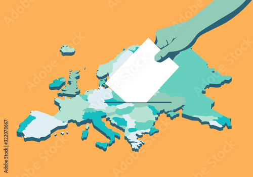 Elezioni Unione Europea, scheda elettorale nella mano, mappa dell'Europa - illustrazione vettoriale