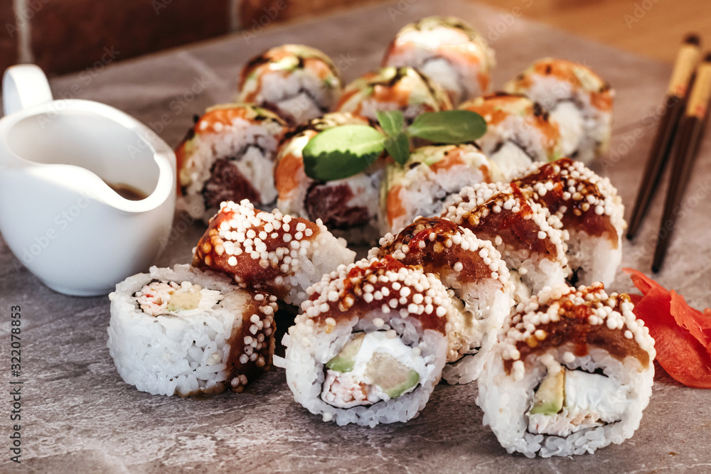 Sushi set with home delivery. Romantic dinner. Sushi in box. Sushi set with home delivery. Romantic dinner. Sushi in box.