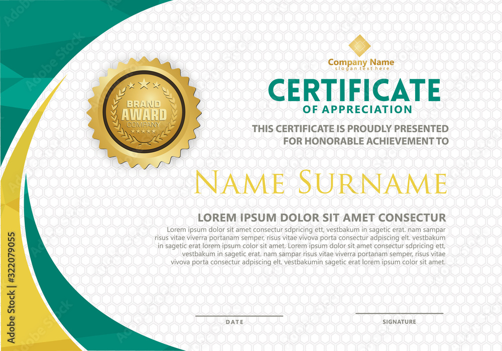Fototapeta premium Modern certificate template with polygonal flow lines ornament on pattern background.