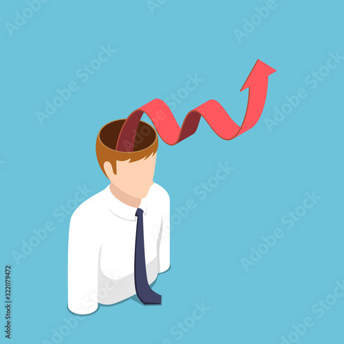 Isometric businessman with red growth graph come out from his head