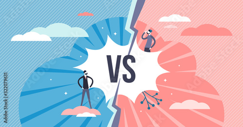 Versus split screen abstract concept, flat tiny persons vector illustration photo