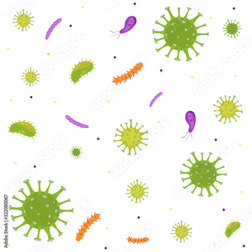 Coronavirus 2019 Cov. The Causative Agents Of Pneumonia.Bacteria microorganisms under the microscope seamless pattern. Medical genetics a bacteriological microorganism.Flat vector illustration.Pattern