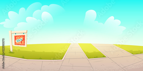 Empty outdoors nature place with sold signboard inscription, green lawns and paving stone paths on blue cloudy sky background. House for sale in downtown suburb area. Cartoon vector illustration