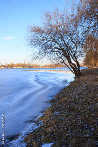 winter minimalism, a view of the lake and sunset