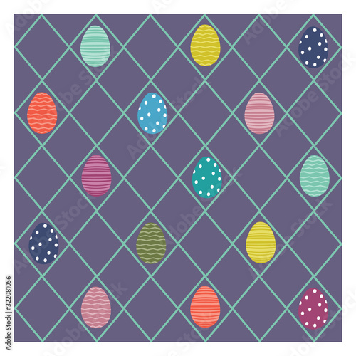 Flat retro design Happy Easter seamless vector pattern with simple painted eggs. Colorful geometric abstract regular texture with diagonal squares, check, plaid.