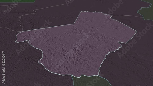 Ogooué-Lolo, province with its capital, zoomed and extruded on the administrative map of Gabon in the conformal Stereographic projection. Animation 3D photo