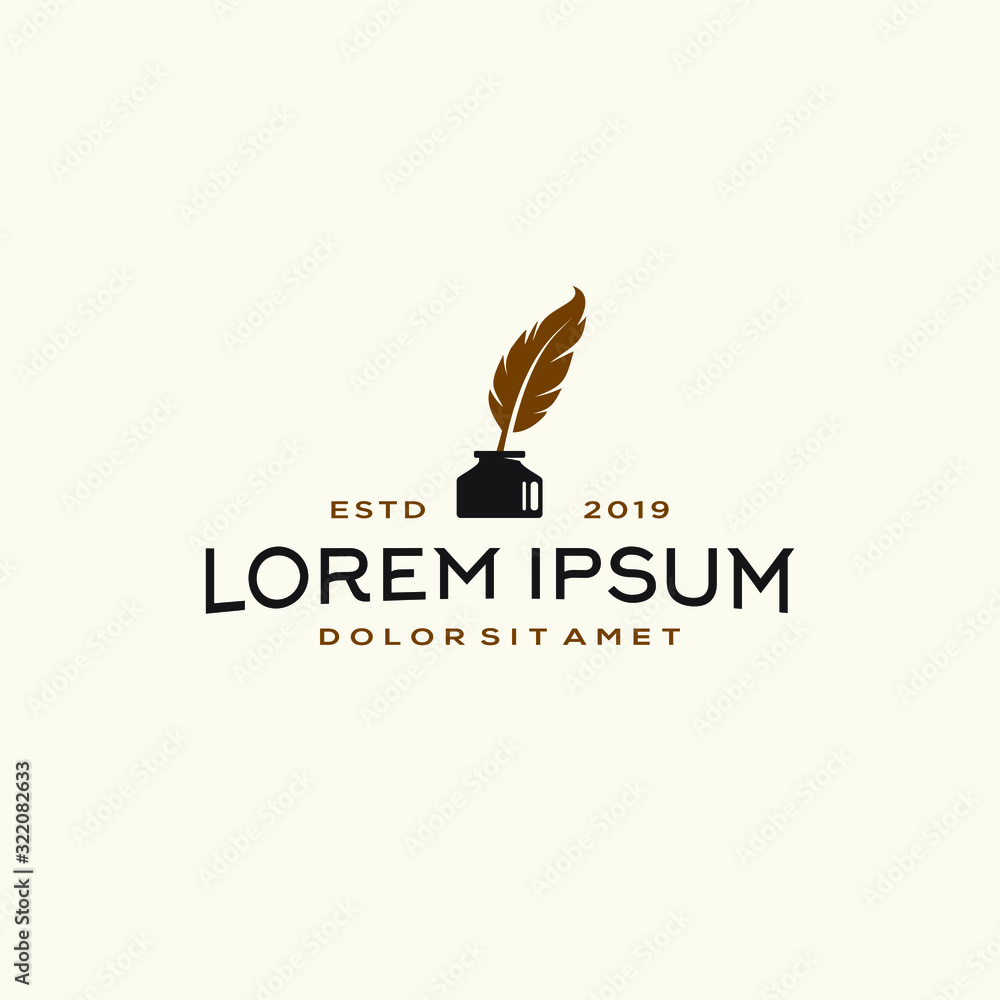 Feather quill pen logo with inkpot icon, classic stationery illustration,Feather quill pen logo , classic stationery illustration, writter ,author classic icon logo brand Feather quill pen logo with inkpot icon, classic stationery illustration,Feather quill pen logo , classic stationery illustration, writter ,author classic icon logo brand
