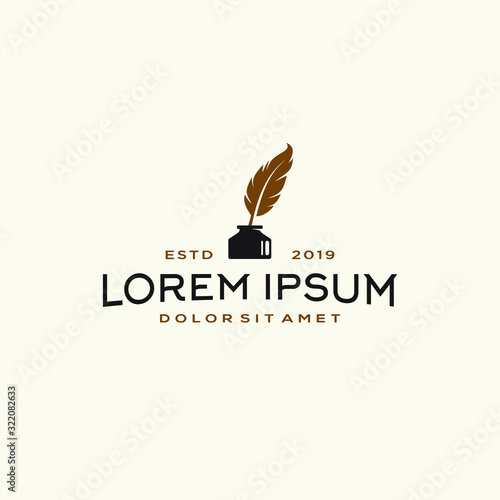 Feather quill pen logo with inkpot icon, classic stationery illustration,Feather quill pen logo , classic stationery illustration, writter ,author classic icon logo brand
