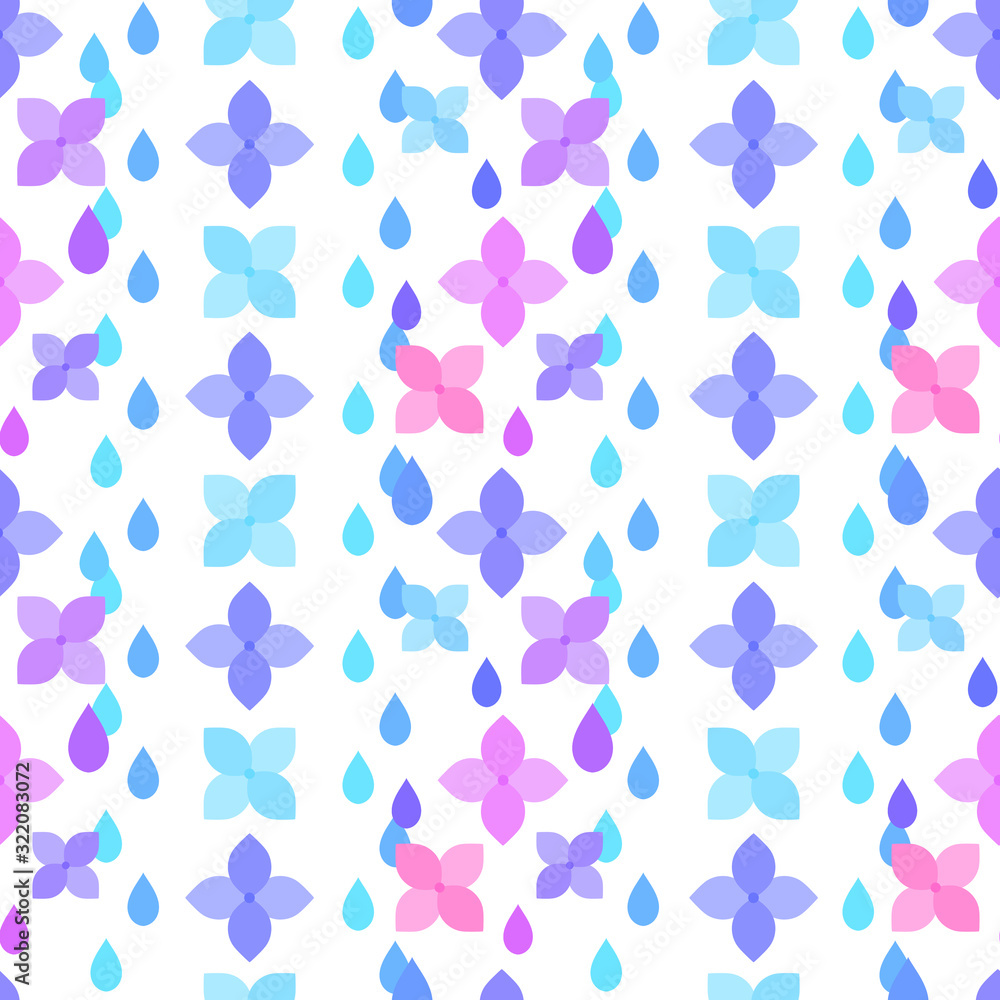 紫陽花と雨粒　シームレスパターン　カラフルA