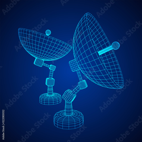 Directional radio antenna with satellite dish. Astronomy radio telescope. Wireframe low poly mesh vector illustration