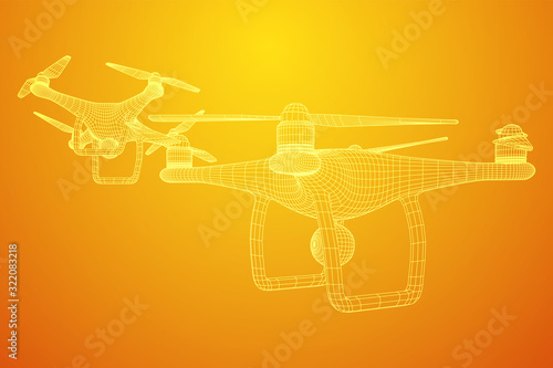 Remote control air drone. Dron flying with action video camera. Wireframe low poly mesh vector illustration