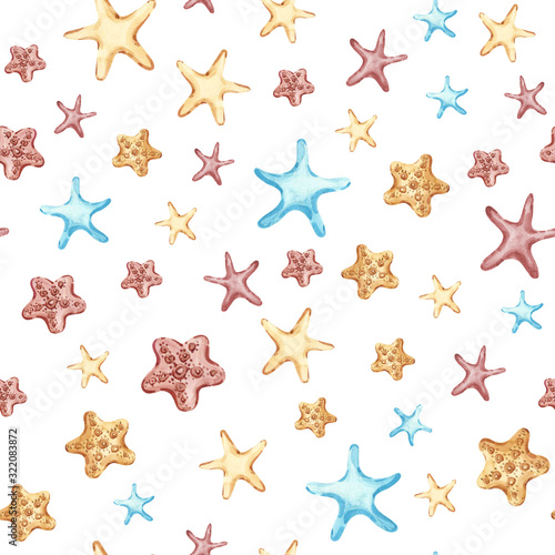 Abstract watercolor nursery starfish seamless pattern print design. Watercolour pattern. Tropical abstract color print. Abstract tile background. Beach wallpaper. Underwater wallpaper Seamless texture