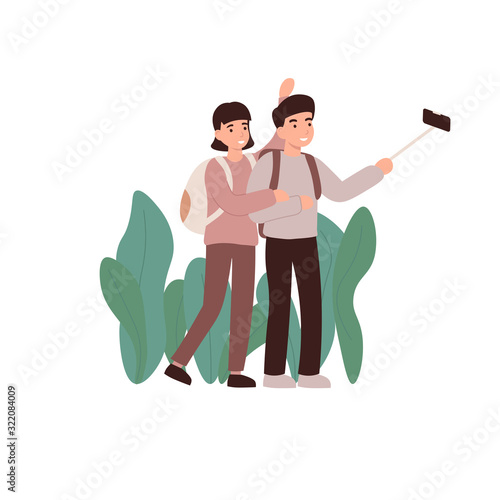 Hiking travel. Guy and girl doing foto use selfie stick. Flat vector cartoon illustration.