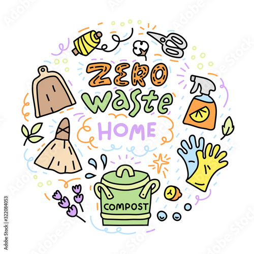 Zero waste illustration with objects for home, cleaning © Cincinart