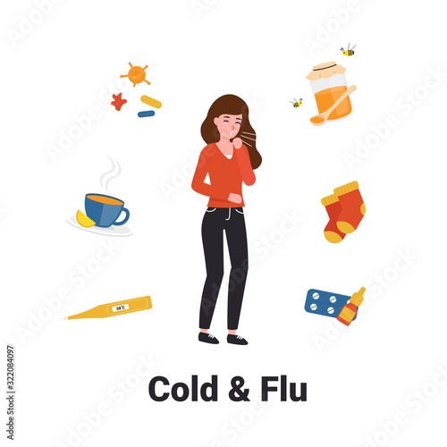Woman has a cold and flu. Methods may help fight off viral and bacterial infections. Flat vector cartoon illustration.