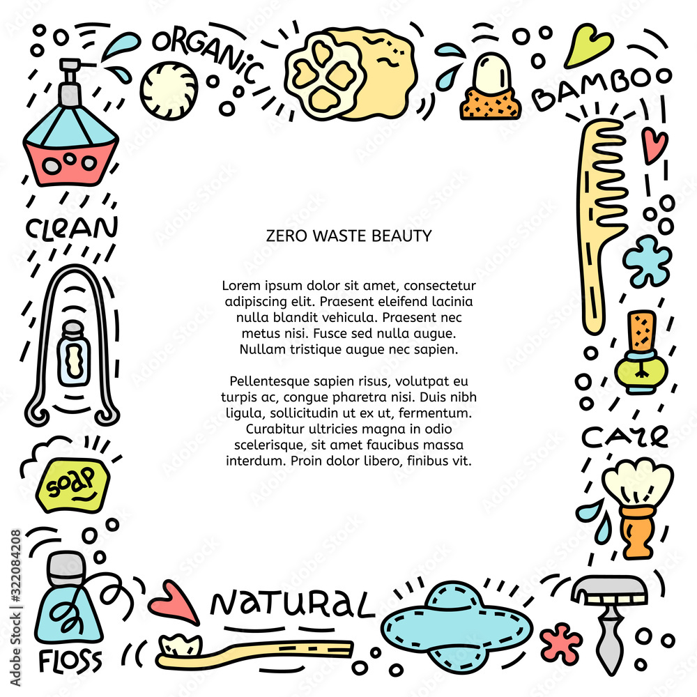 Obraz premium Zero waste illustration, doodle square frame template