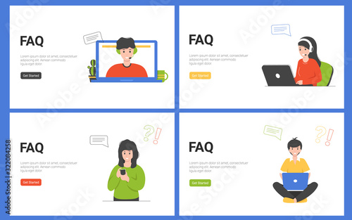 FAQ and Q&A , online support center, operators and clients. Flat concept vector illustration design for for landing page, web, poster, banner, flyer, layout, template.