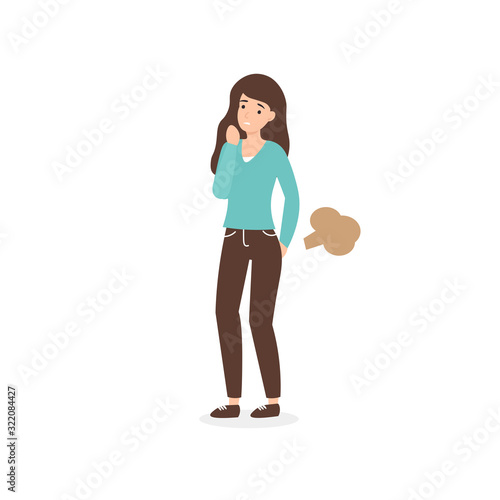 Girl farting. Bad smell, woman in shy. Flat vector cartoon illustration.