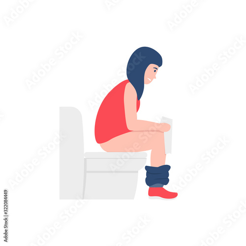Sad girl sitting on the toilet and holding toilet paper. Bowel problems, constipation, hemorrhoids. Flat vector cartoon character illustration.n the toilet with toilet paper