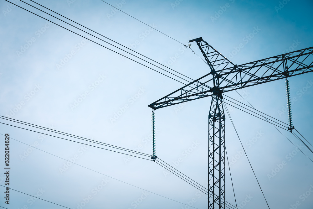 Power line with thick wires for the transmission of current against the blue sky. Power line with thick wires for the transmission of current against the blue sky.