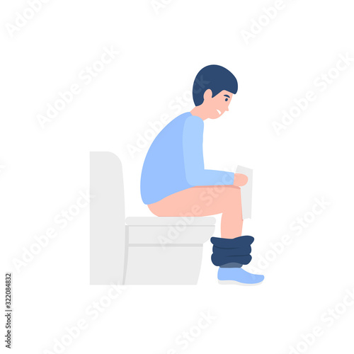 Sad guy sitting on the toilet and holding toilet paper. Bowel problems, constipation, hemorrhoids. Flat vector cartoon character illustration.