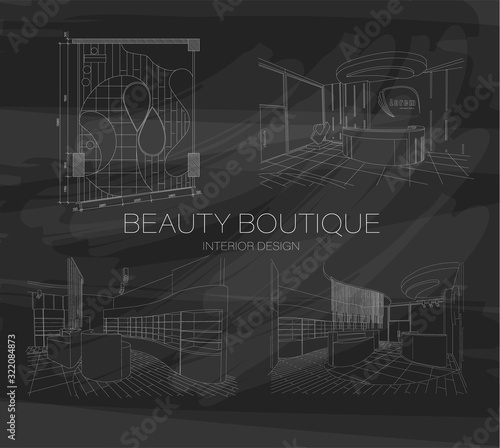 Set of beauty boutique interior outline sketch with modern design