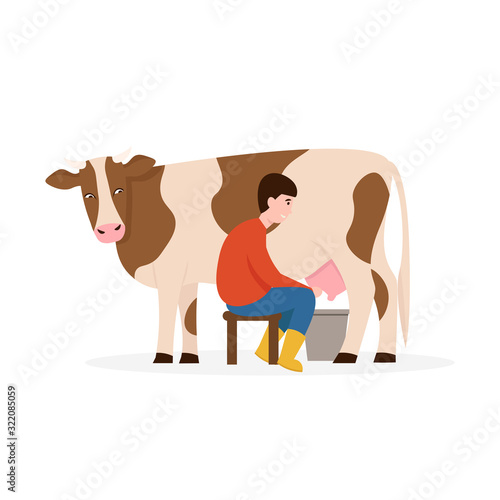 Farmer man milking a cow. Flat vector cartoon illustration isolated white background.