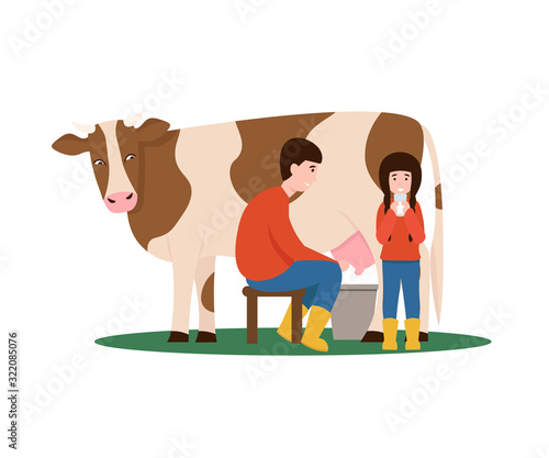 Farmer milking a cow. Little child girl drinking milk from a glass. Flat vector cartoon illustration isolated white background.