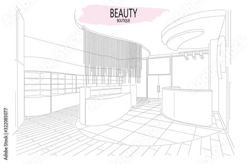 Beauty boutique interior outline sketch with modern design