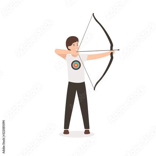 Man with bow and arrow. Archer guy pulls a bowstring and takes aim. Flat vector cartoon illustration isolated white background.