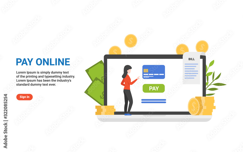 Pay with card online. Flat design concept person touch screen on laptop. Vector illustration for landing page, web, poster, banner, flyer, layout, template. Pay with card online. Flat design concept person touch screen on laptop. Vector illustration for landing page, web, poster, banner, flyer, layout, template.