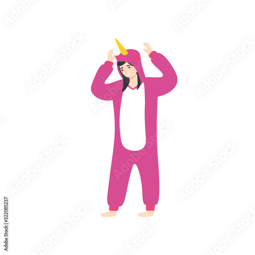 Beautiful happy girl wearing pajama kigurumi. Flat vector cartoon illustration.