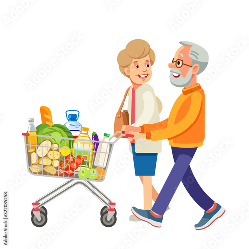 Happy old people shopping. Retired couple with shopping trolley with foods in the supermarket. Elderly man and woman at the grocery. Isolate on white background. Vector illustration in flat style