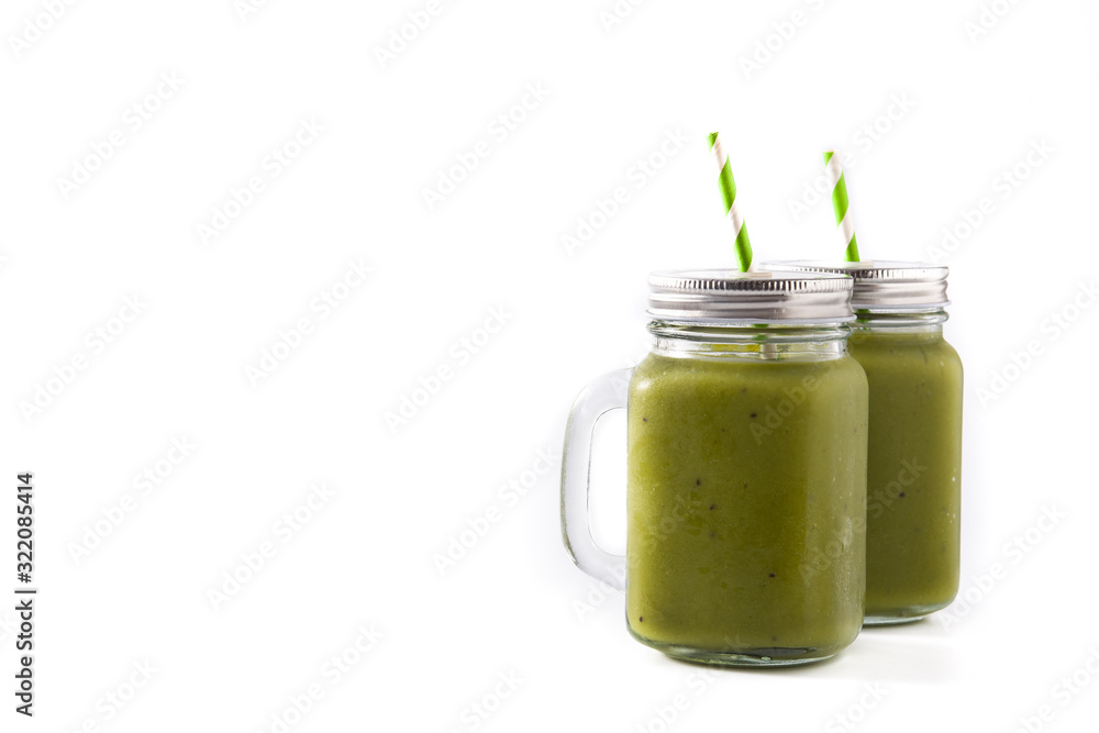 Healthy green smoothie with spinach,mint, kiwi, ginger and green apple isolated on white background. Copy space Healthy green smoothie with spinach,mint, kiwi, ginger and green apple isolated on white background. Copy space