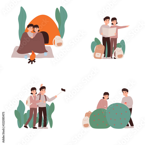 Young couple cuddles under a warm plaid,  holding a map, doing foto use selfie stick and picking forest berries. Flat vector cartoon illustration.