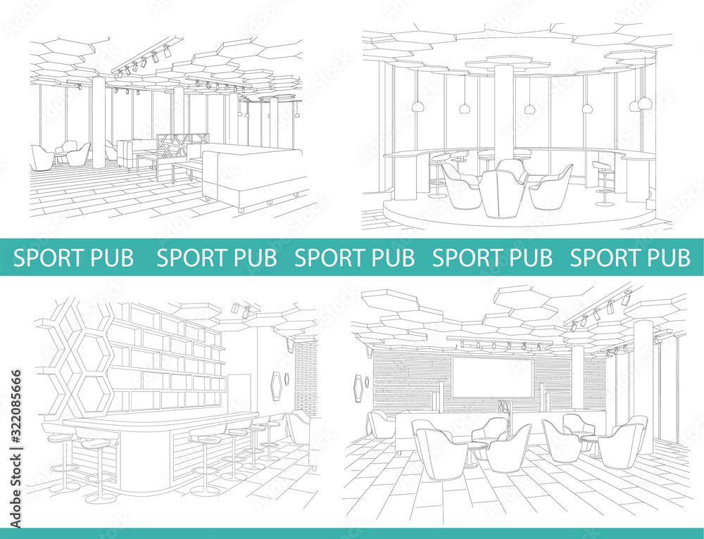 Outline sketch set of a modern sport pub with big chairs and tv on wall