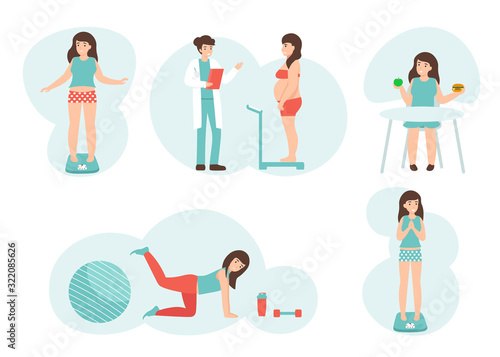 Girl standing on the scales. Set concepts of weight loss and diet. Proper nutrition and fitness. Flat vector cartoon illustration isolated white background.