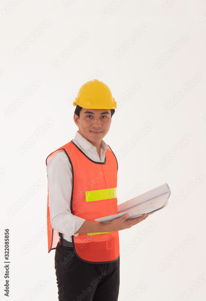 a young asian engineer is standing on white background showing his document with smile and confidence. a young asian engineer is standing on white background showing his document with smile and confidence.