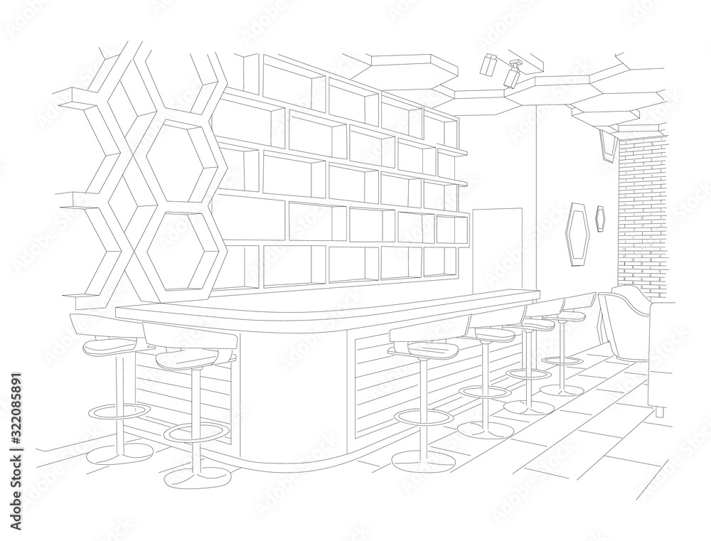 Outline sketch of a modern cafe with sofa and tables. Bar side