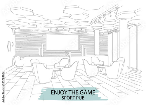 Outline sketch of a modern sport pub with big chairs and tv on wall