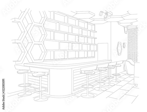 Outline sketch of a modern cafe with sofa and tables. Bar side