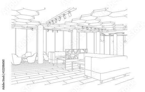 Outline sketch of a modern cafe with sofa and tables