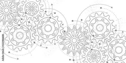 Technical drawing of gears .Rotating mechanism of round parts .Machine technology. Vector illustration. 