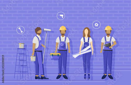 Group of architects and constructors working. Team visualising a blueprint. Wearing blue clothes and helmets
