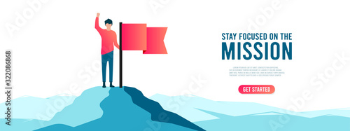 Man with red flag on mountain peak. Businessman and financial success, goal achievement vector concept