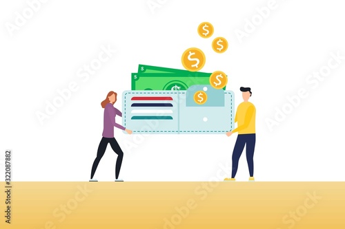 Happy man and woman are holding a huge wallet with money and credit cards. Family budget and finance concept. Home savings and investments. Modern vector illustration.