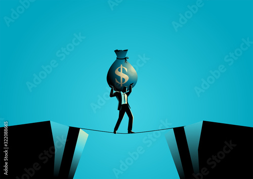 Businessman crossing the abyss on tiny rope with big money bag