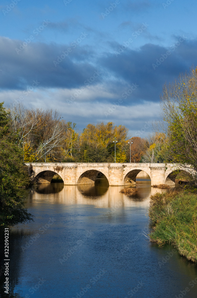 medieval stone bridge, puente mayor, crossing carrion river, palencia, spain